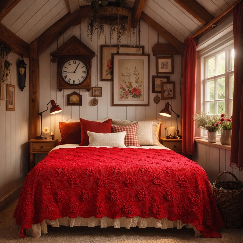 Extraordinary Vintage Hand Crochet Red Rose Bedspread 100% Cotton  100”x90” King